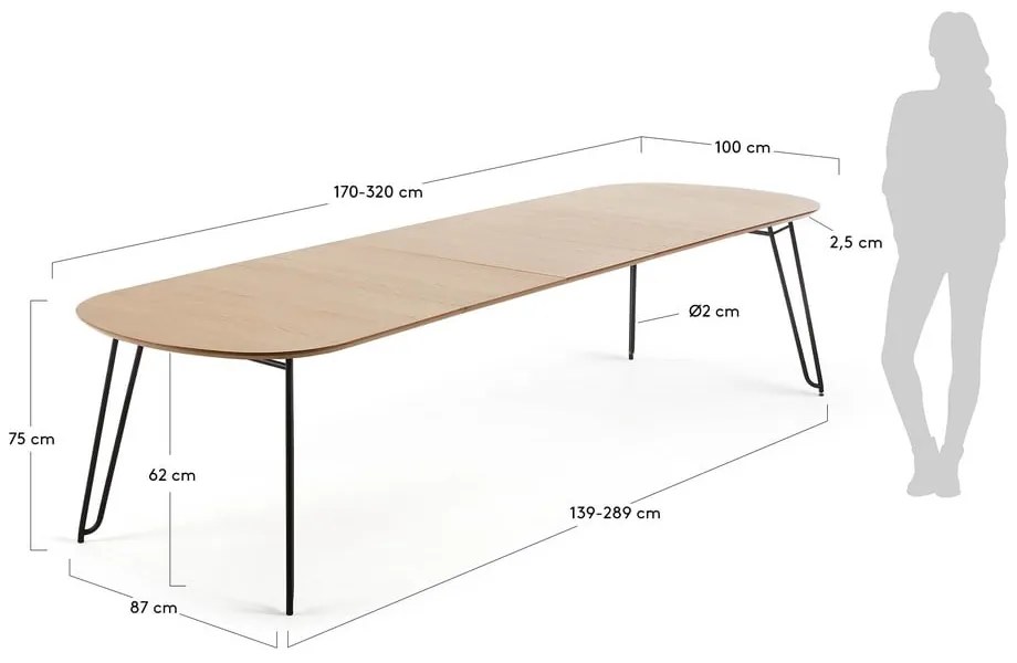 Natúr színű bővíthető étkezőasztal tölgyfa dekorral 100x170 cm Novac – Kave Home