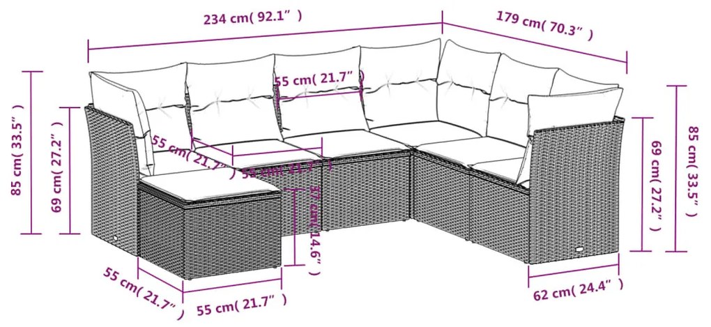 7 részes szürke polyrattan kerti ülőgarnitúra párnákkal