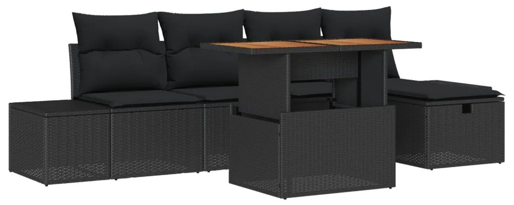 6 darabos Kerti Sofa Szett Párnákkal Fekete Poli Rattan