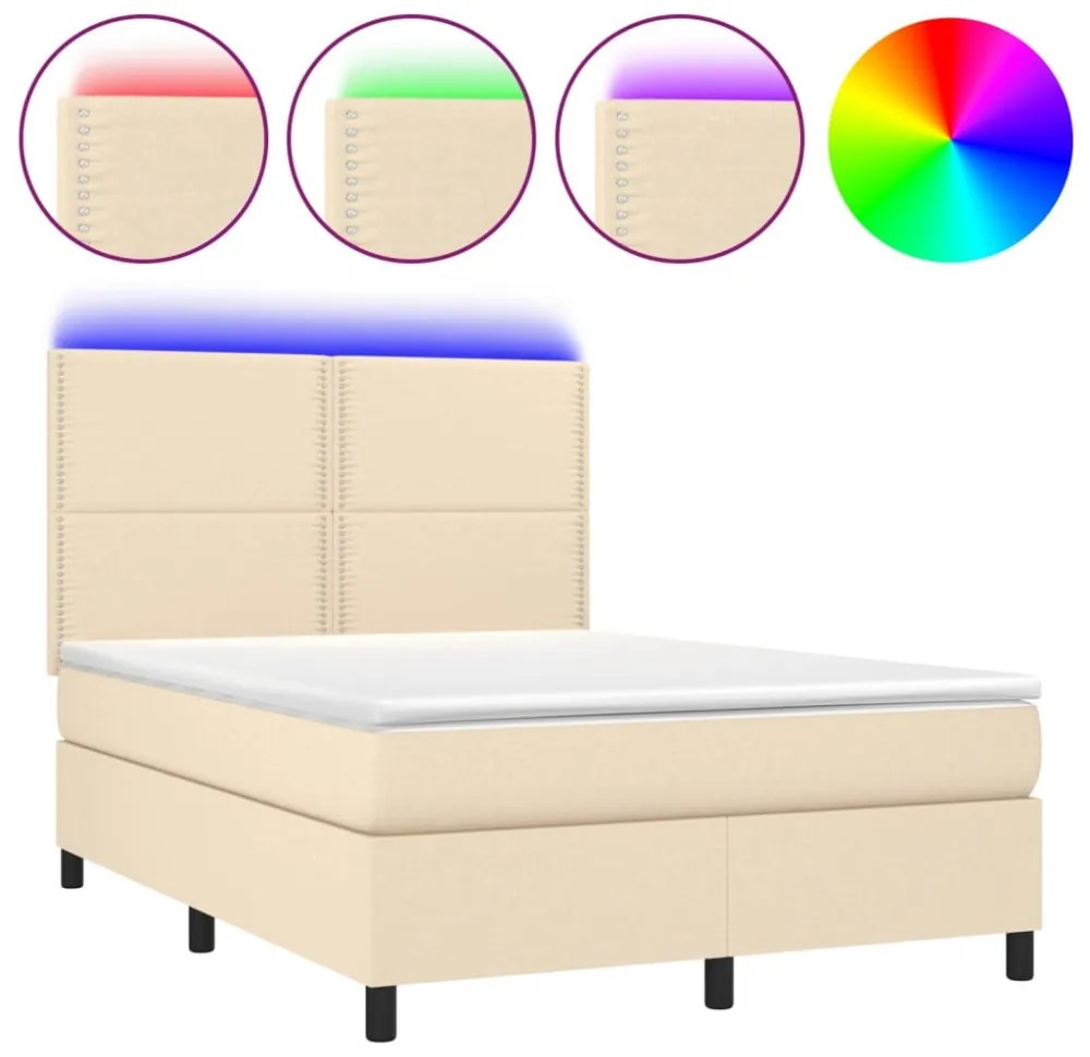 krémszínű szövet rugós és LED-es ágy matraccal 140x190cm