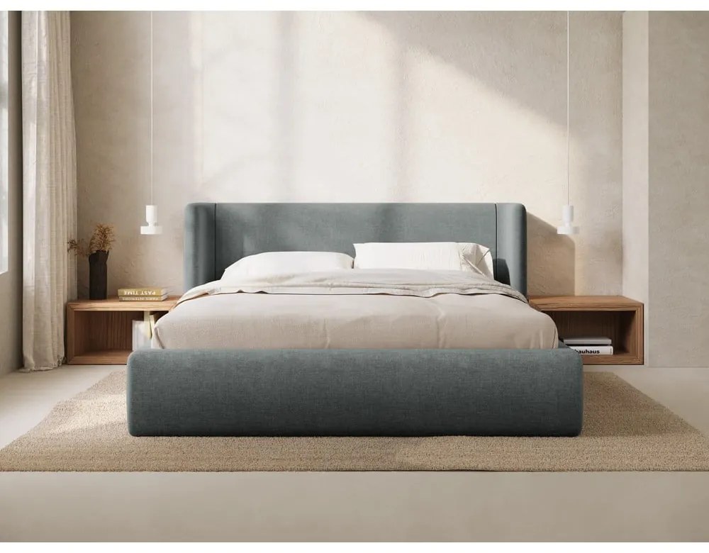 Sötétszürke kárpitozott ágyneműtartós franciaágy ágyráccsal 160x200 cm Jason – Windsor & Co Sofas