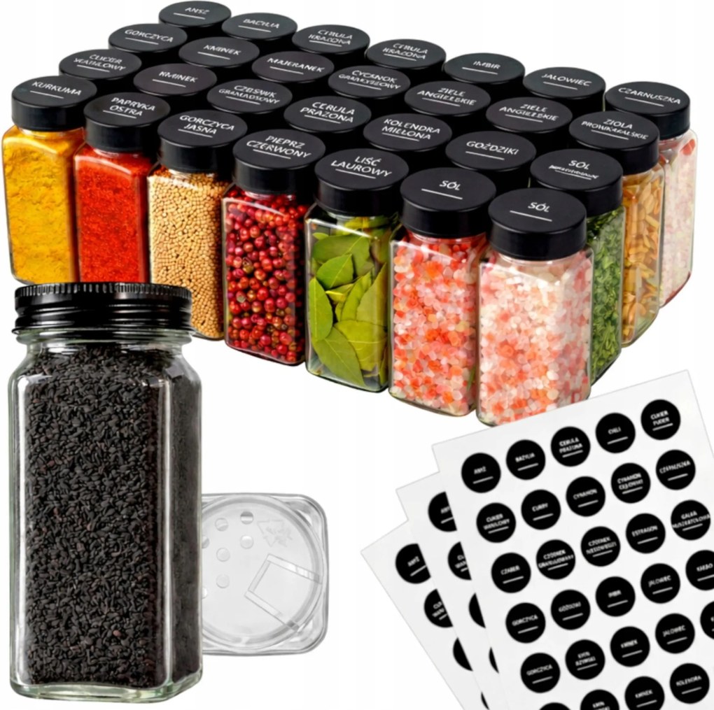 24 db-os fűszertartó tégely szett 120ml-es üveg 95 db matrica
