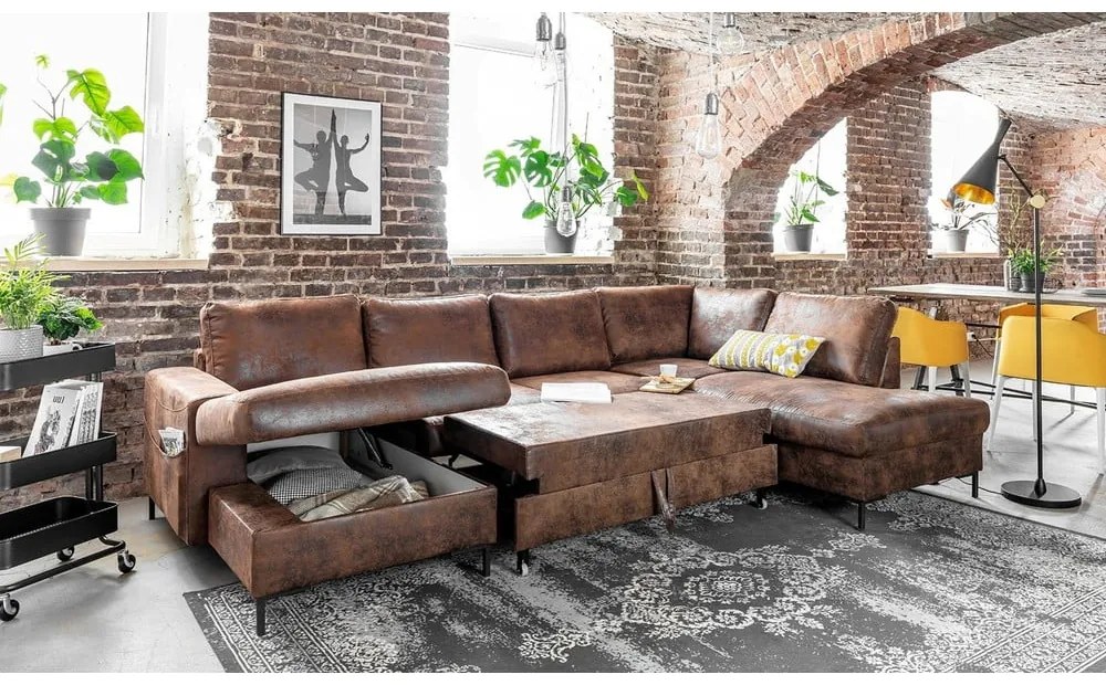 Lofty Lilly Vintage barna kinyitható U alakú bőrutánzat kanapé, jobb oldali - Miuform