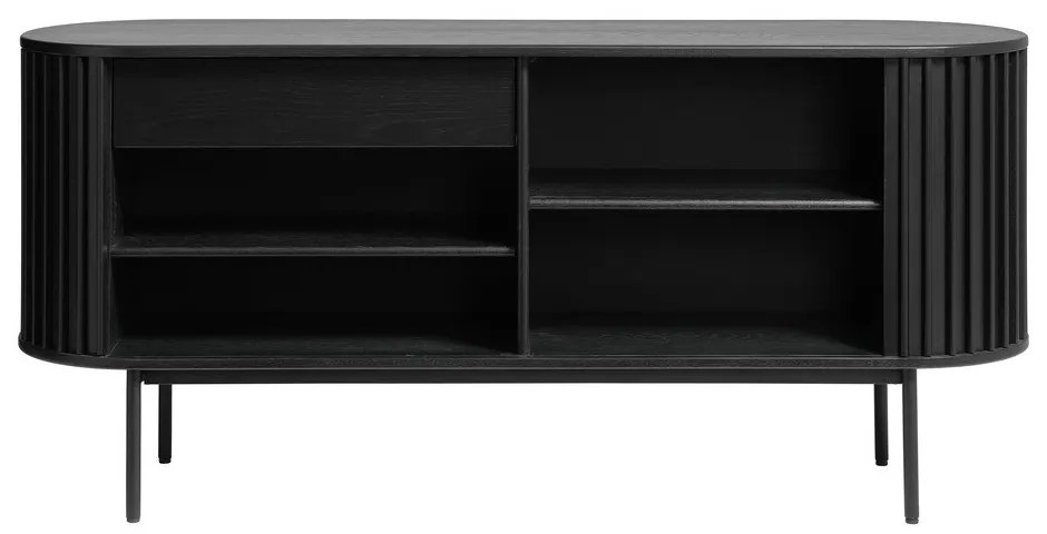 Fekete alacsony komód tolóajtóval, tölgyfa dekorral 73x160 cm Siena – Unique Furniture