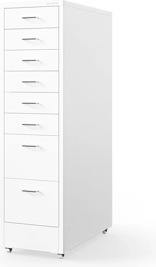 Kartotékszekrény görgőkkel, fém, 8 fiókos, dokumentumokhoz, fehér, 300x1100x600 mm: SARA V8