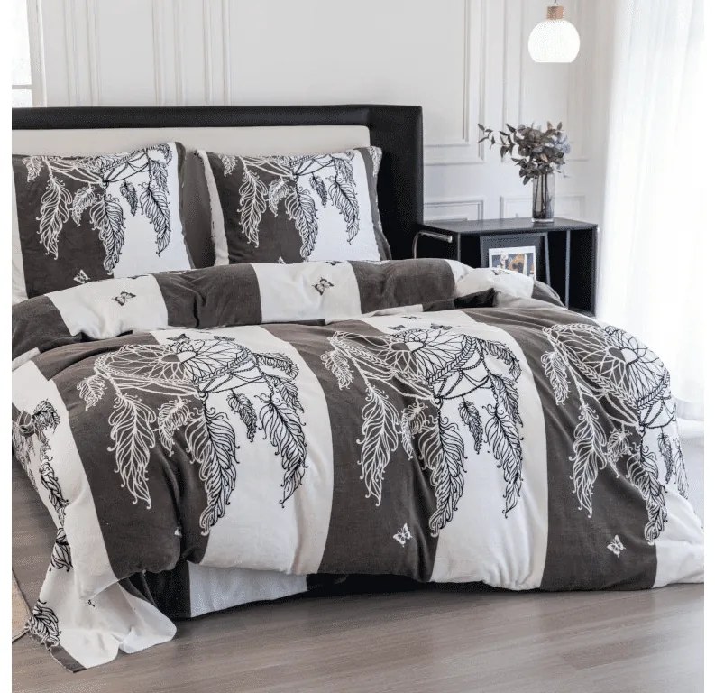 Mikroplüss ágyneműhuzat szett TIRSO szürke-fehér + mikroplüss lepedő SOFT 90x200 cm fehér, egyszemélyes ágyra