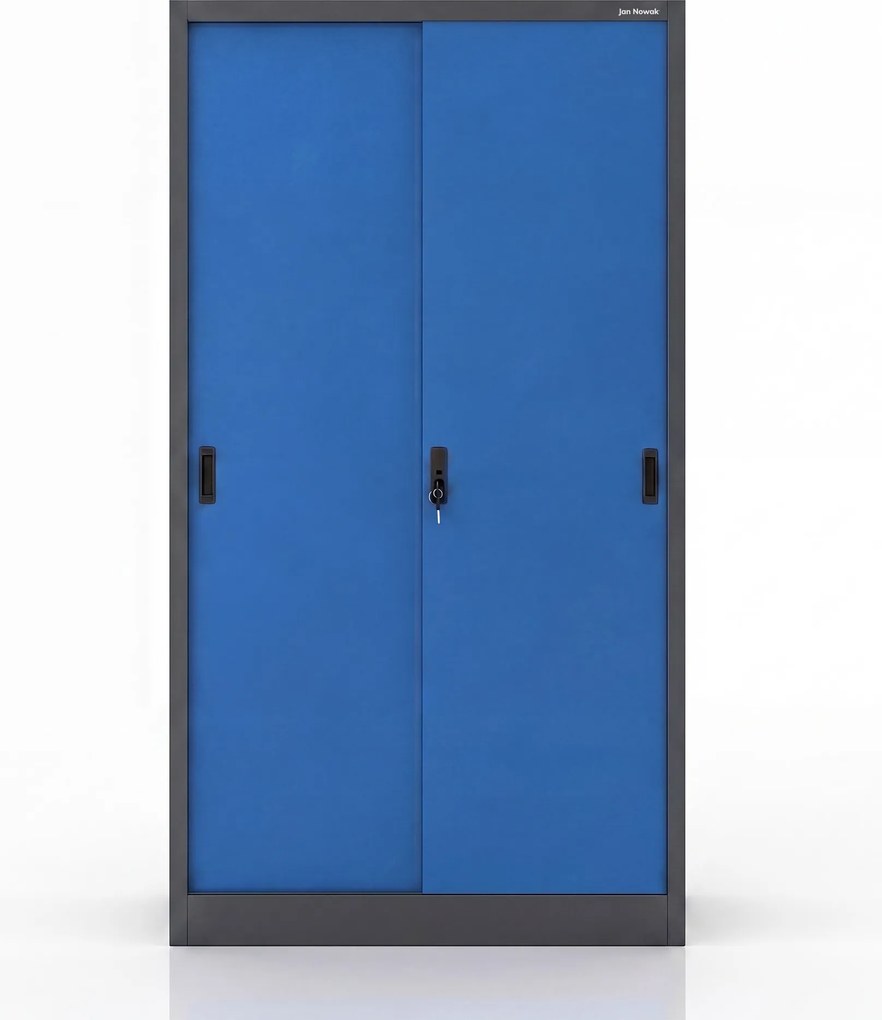 Fém irodai szekrény tolóajtókkal, antracit-kék, 900x1850x400 mm: KUBA