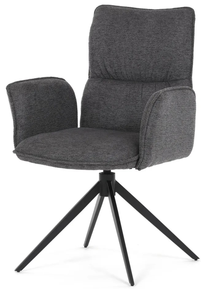 Scaun de dining rotativ, tapițat cu material textil gri, mecanism rotativ 360°, picioare metalice negre
