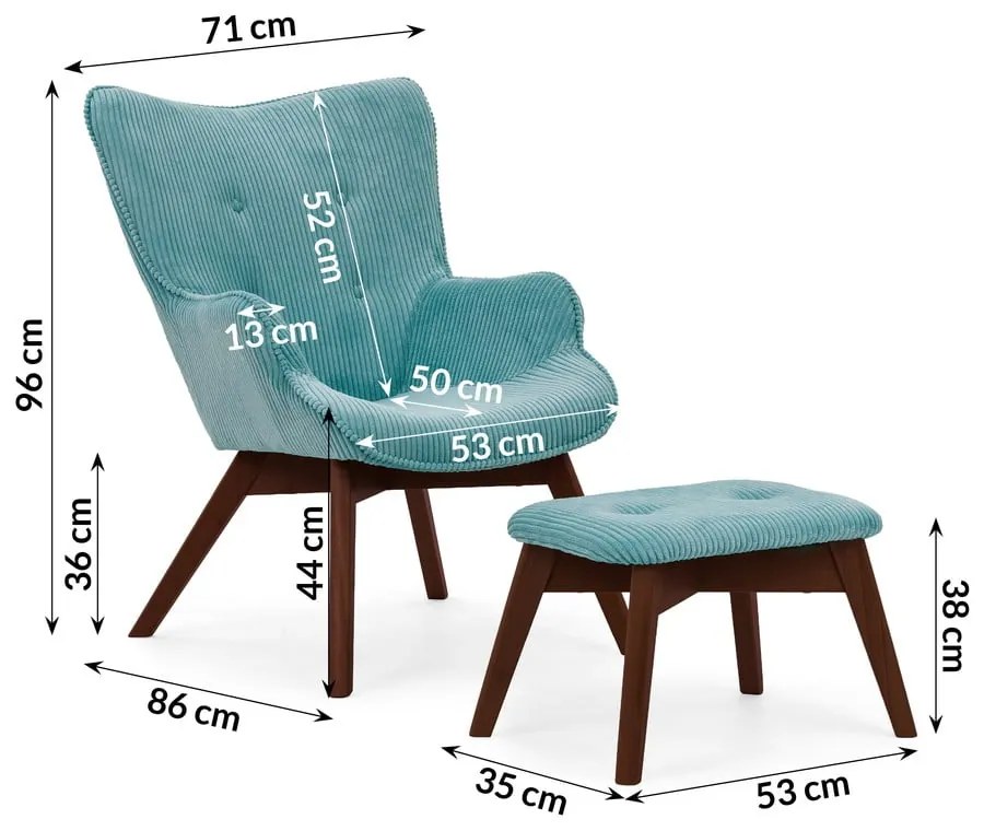 Türkiz kordbársony fotel lábtartóval Niko – Ropez