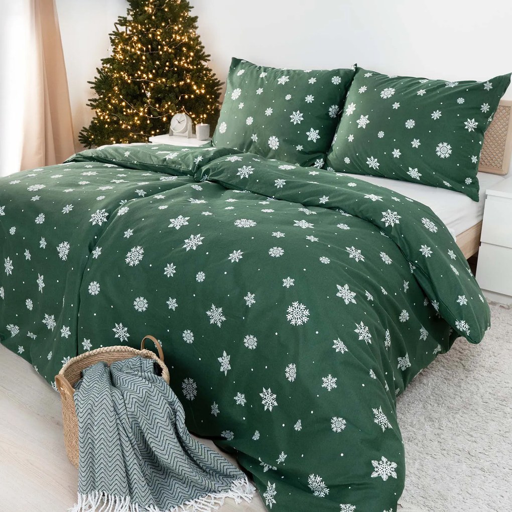 Goldea flanel ágyneműhuzat - hópelyhek zöld alapon 140 x 200 és 70 x 90 cm