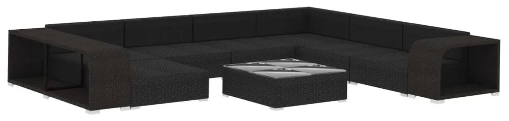 vidaXL 10-részes fekete polyrattan kerti bútorszett párnákkal