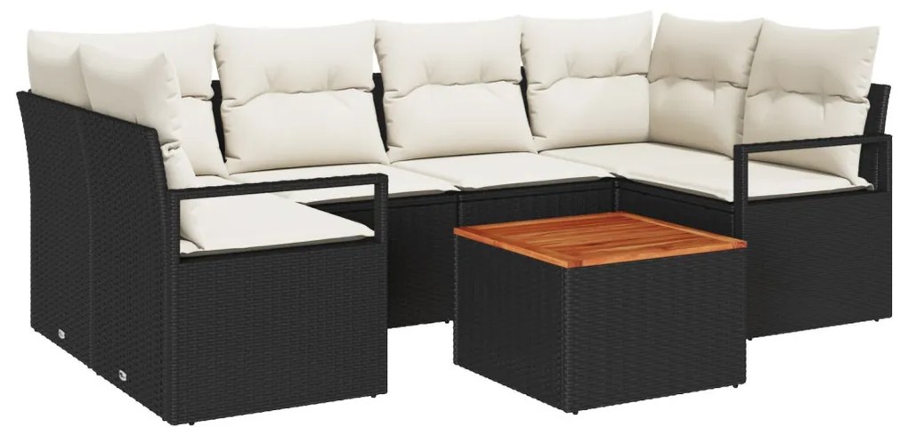 7 darabos kerti kanapé szett párnákkal fekete polyrattan akáciából, 2 személyes kerti kanapé párnákkal fekete polyrattan