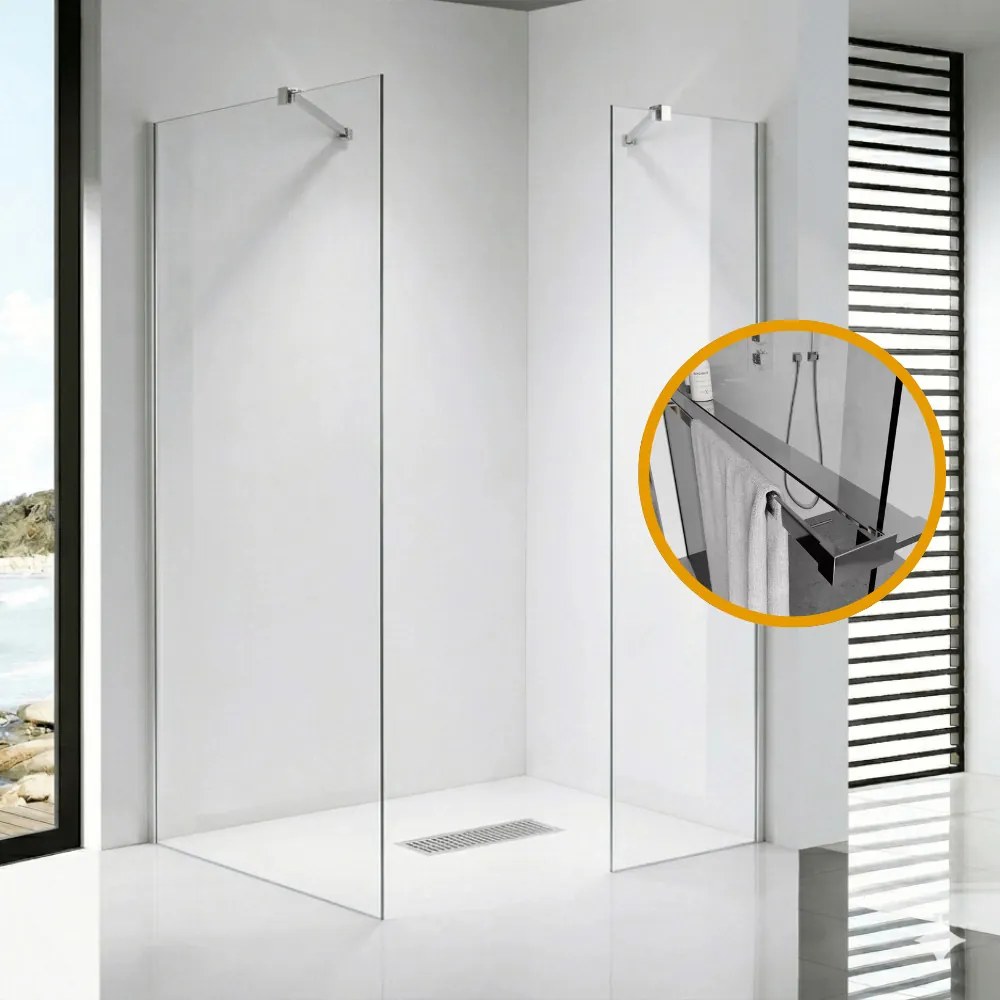 Stuxi Milano Easy Kombi Plus 1 Walk-in zuhanyfal, 90x80 cm, 8 mm vastag vízlepergető biztonsági üveggel, helytakarékos stabilizátorral, polccal