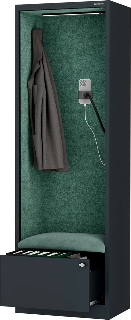 Irodai hangszigetelő fülke ülőkével és USB-C csatlakozóval, antracit színű váz / zöld ülőke, 600 mm: SALLY MentalBox