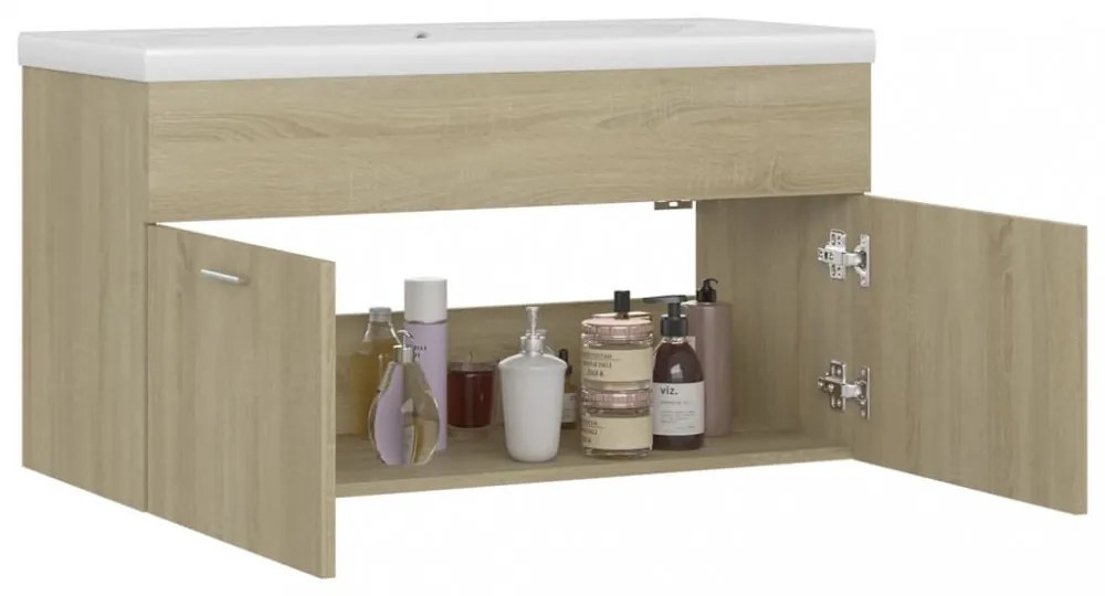 tölgyszínű szerelt fa mosdószekrény beépített mosdókagylóval