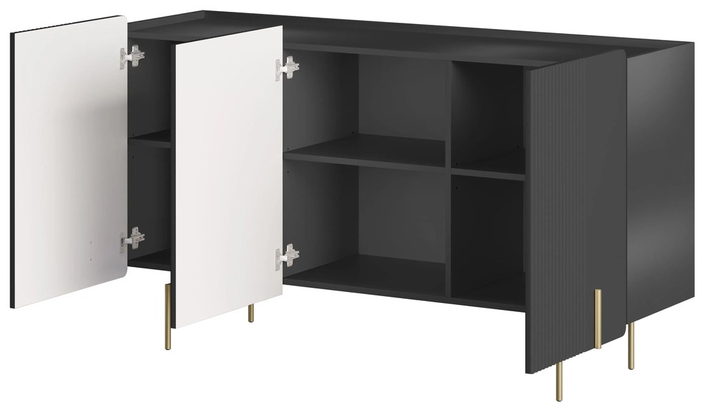 Malmi komód 150 cm háromajtós - matt fekete / arany lábak