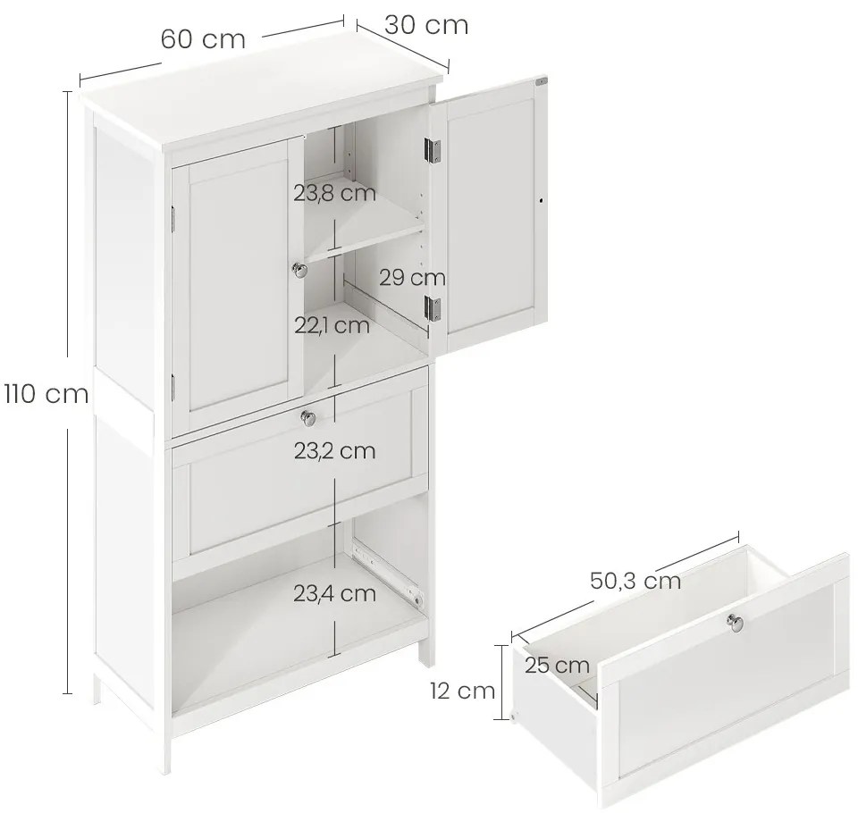 2 ajtós tárolószekrény 2 fiókkal 60x30x110cm