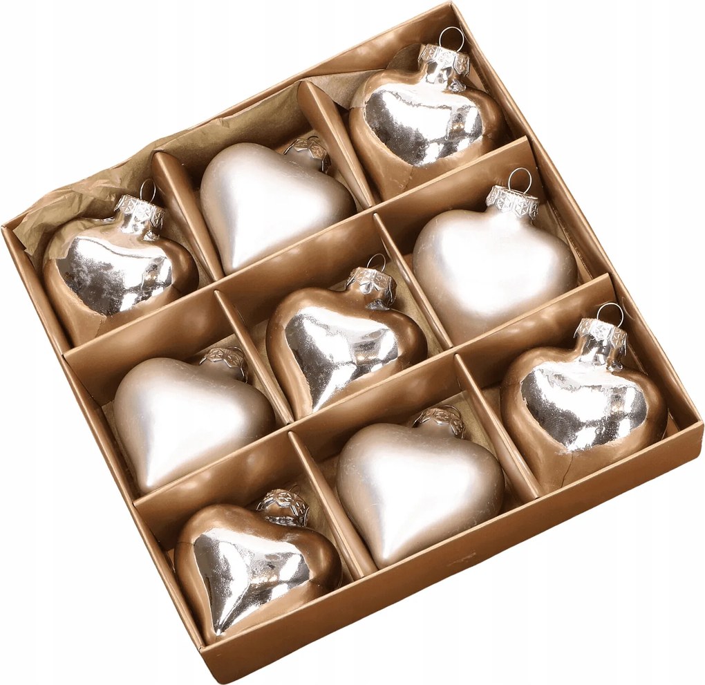 Ezüst üveg szív 6,5cm- 9 db arany csomagolásban