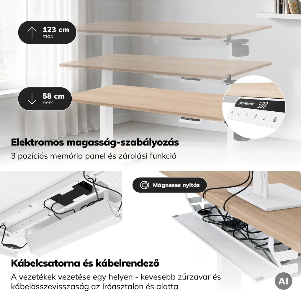 Elektromos, állítható magasságú, ergonomikus, fehér/sonoma tölgy íróasztal,1400x700 mm: ARIA