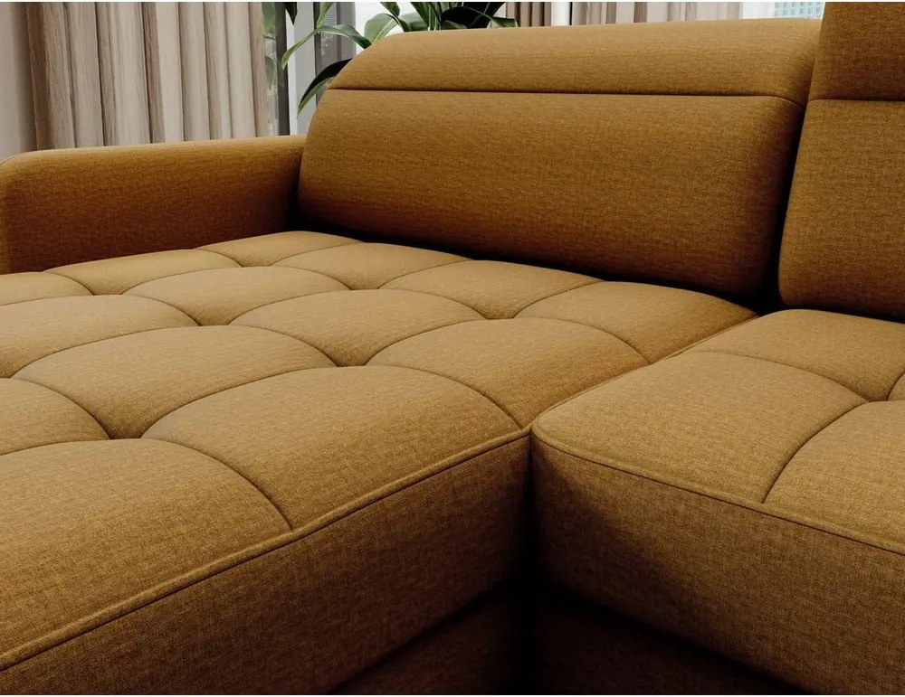 Sárga bársony kinyitható-tárolóhelyes sarokkanapé (jobb oldali-U alakú) Berrto – ELTAP