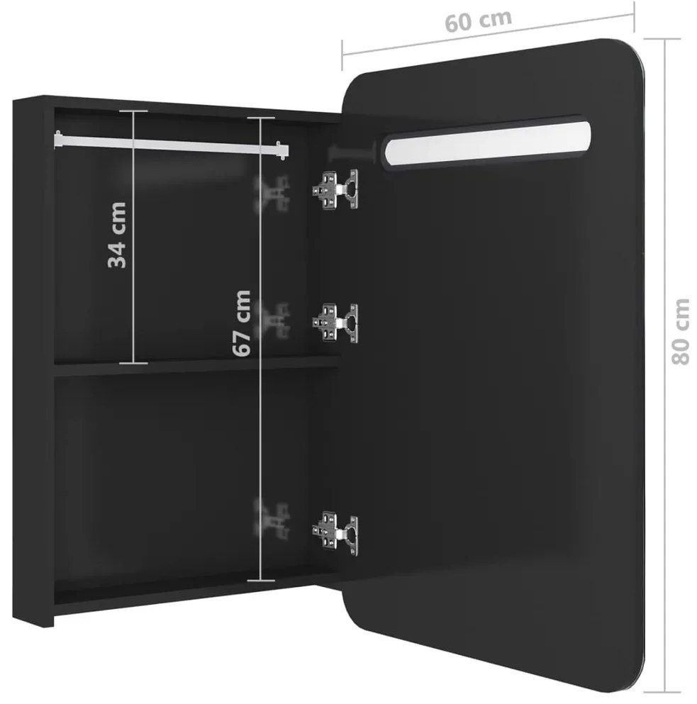 fényes fekete LED-es tükrös fürdőszobaszekrény 60 x 13 x 70 cm