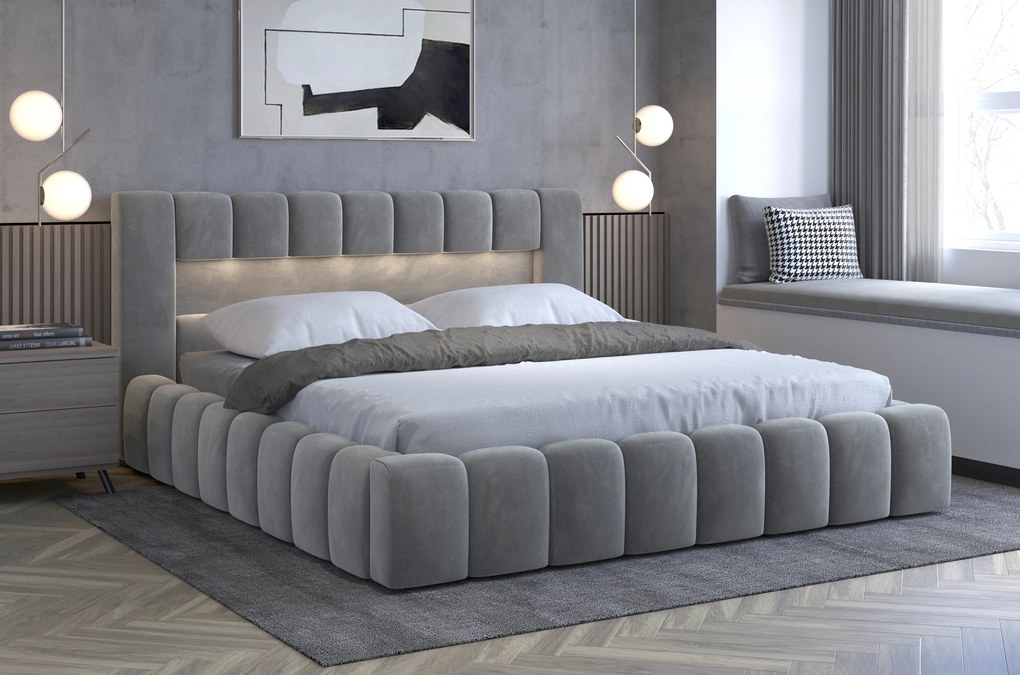 Franciaágy 140 cm Luxa (szürke) (ágyráccal, matraccal és LED-del). 1041558