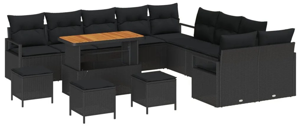 13 részes kerti kanapé párnákkal, fekete, poli rattan, akác, 2 fős kerti kanapé párnákkal, fekete, poli rattan, 3 részes kerti étkező szett párnákkal, fekete, poli rattan, akác