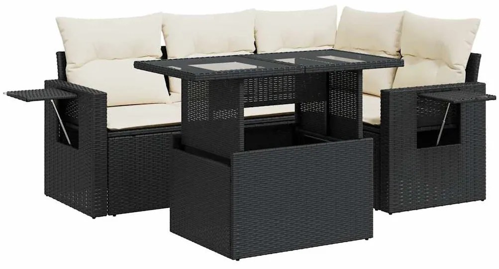 5 részes fekete polyrattan kerti kanapészett párnákkal