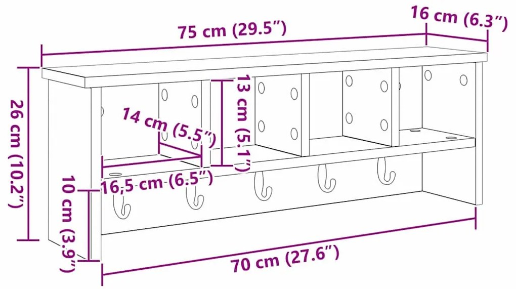Fali Kabáthorog polcokkal Beton szürke 75 x 16 x 26 cm Faanyag