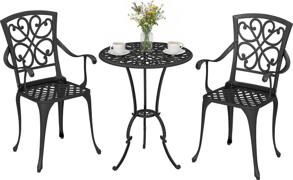 Outsunny 3 részes kerek bistrószett 2 székkel — öntött alumínium teraszasztal napernyőnyílással, antik fekete | Aosom