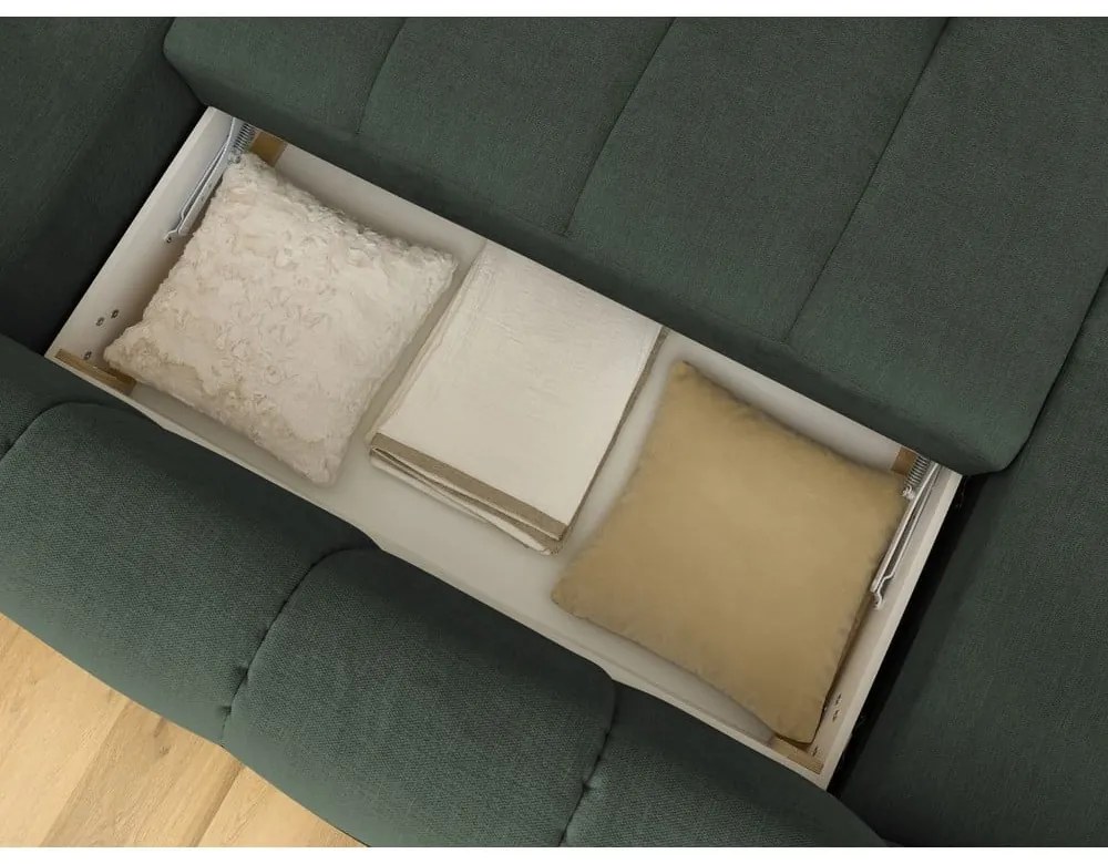 Zöld kinyitható-tárolóhelyes sarokkanapé (jobb oldali-U alakú) Fuji – Bobochic Paris