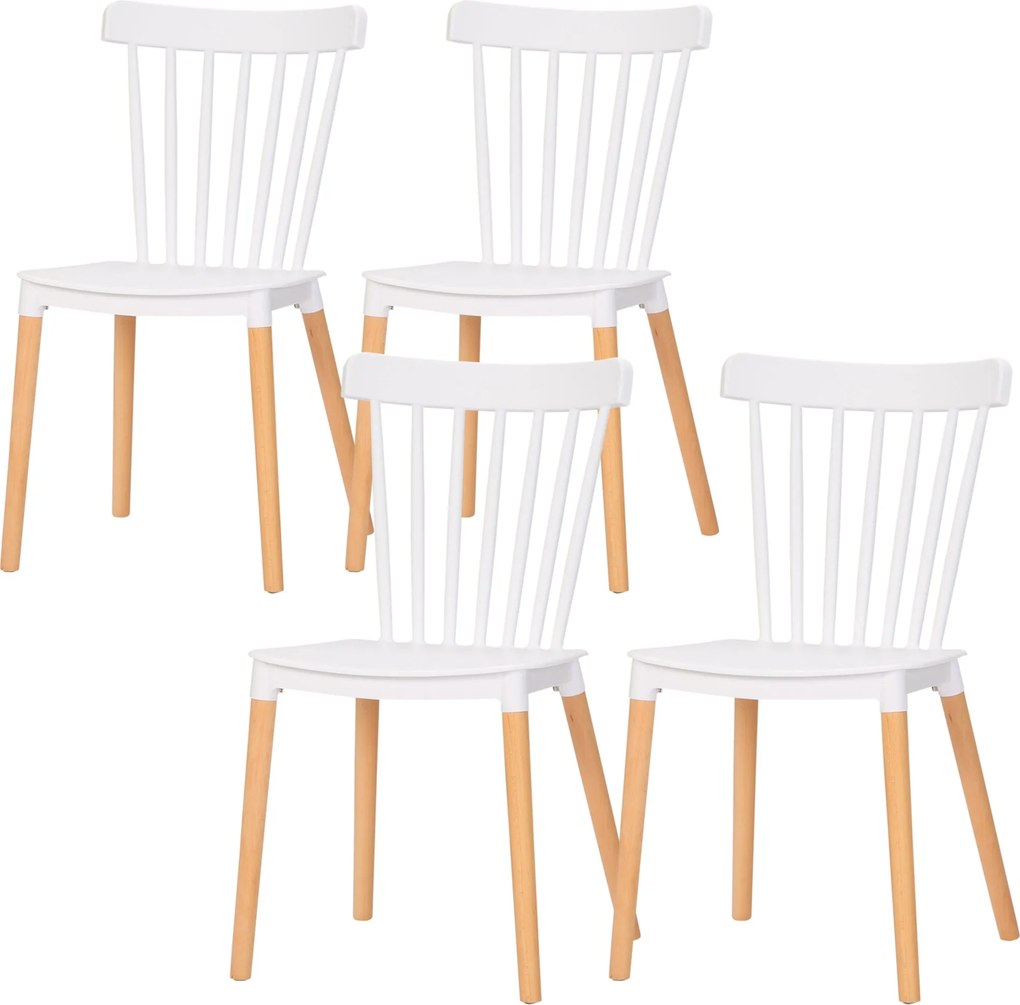 HOMCOM 4 db-os Északi Stílusú Étkezőszék Szett Magas Háttámlával, Polipropilén Ülés és Bükkfa Lába, Terhelhetőség 120 kg, 48x52.5x83 cm, Fehér | Aosom