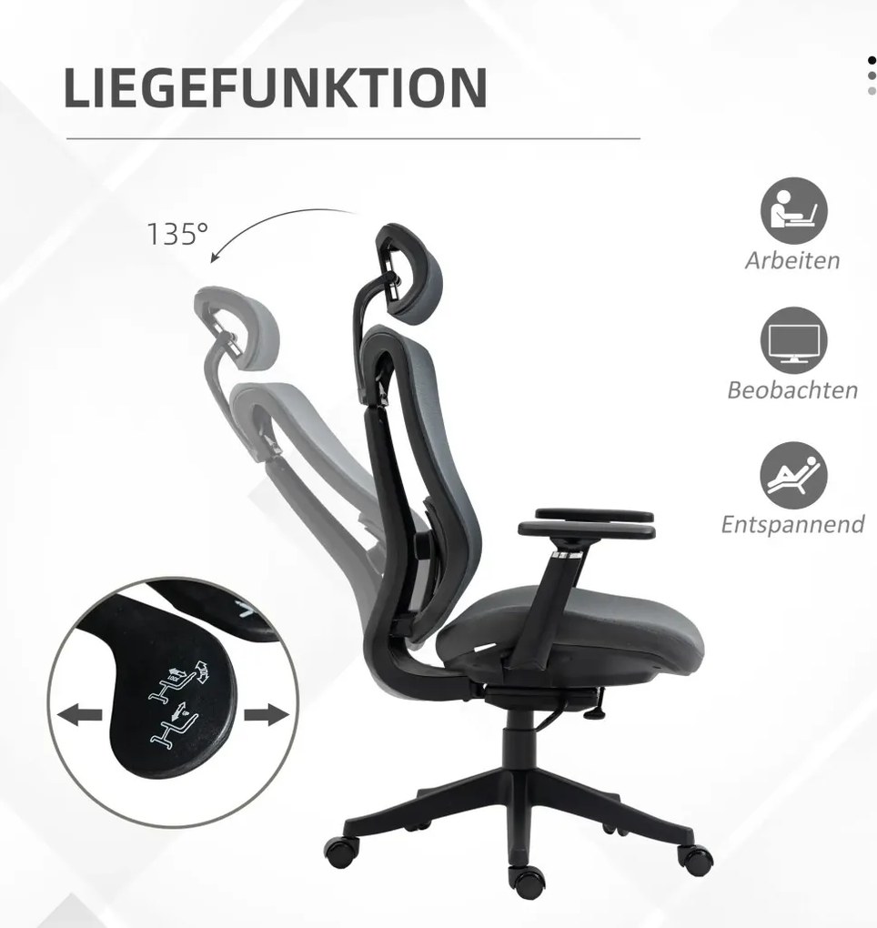 Vinsetto Ergonomikus irodai szék, 135-os dőlésszög, állítható magasság 3D, szürke