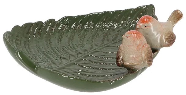 Levél alakú kerámia madáritató és madáretető, kismadár dekorációval