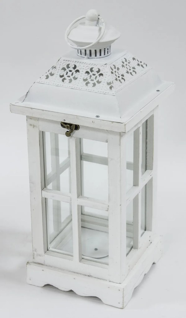 Vintage fehérre koptatott fa mécsestartó üvegezett lámpás lantern 2db-os szett fém tetővel 62x25x25 / 40x17x17cm