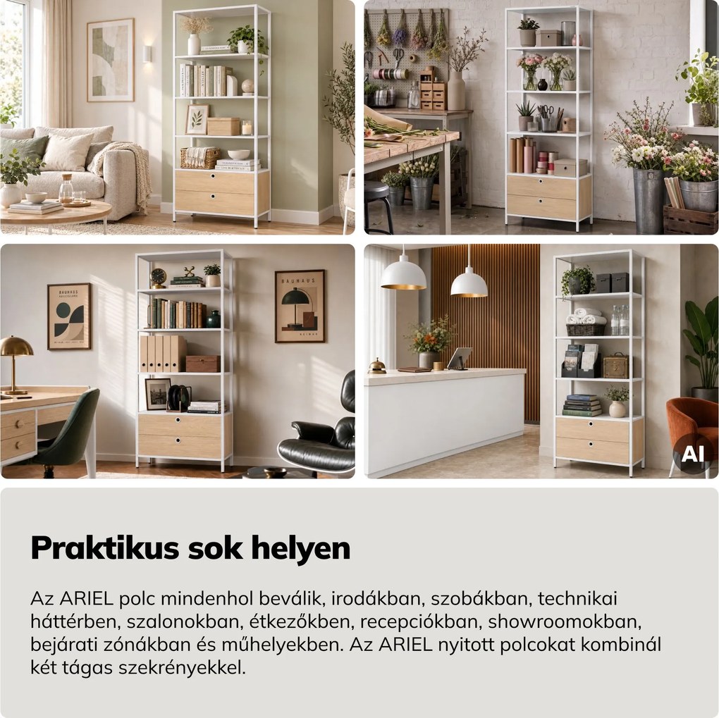 Polc fiókokkal irodába, iratrendezőkhöz és dokumentumokhoz, nyitott polcok, fém, fehér/sonoma tölgy, 800x2200x400 mm: ARIEL Eco Design