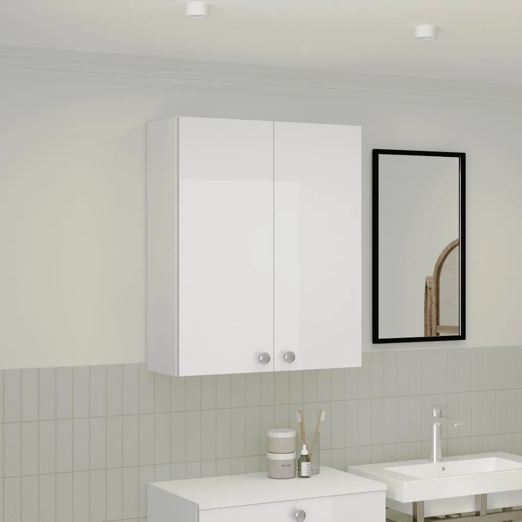 Zaria 2 ajtós fali fürdőszobai szekrény, Fényes fehér / Fehér, MDF, 60 x 22 x 72 cm