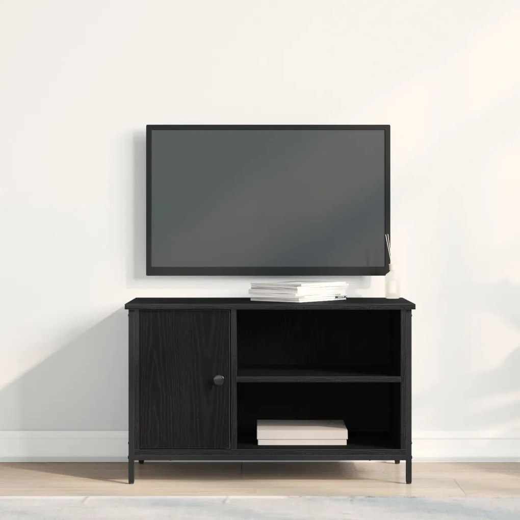 TV Szekrény Fekete Tölgy 80x40x50 cm Mérnöki Fa és Acél