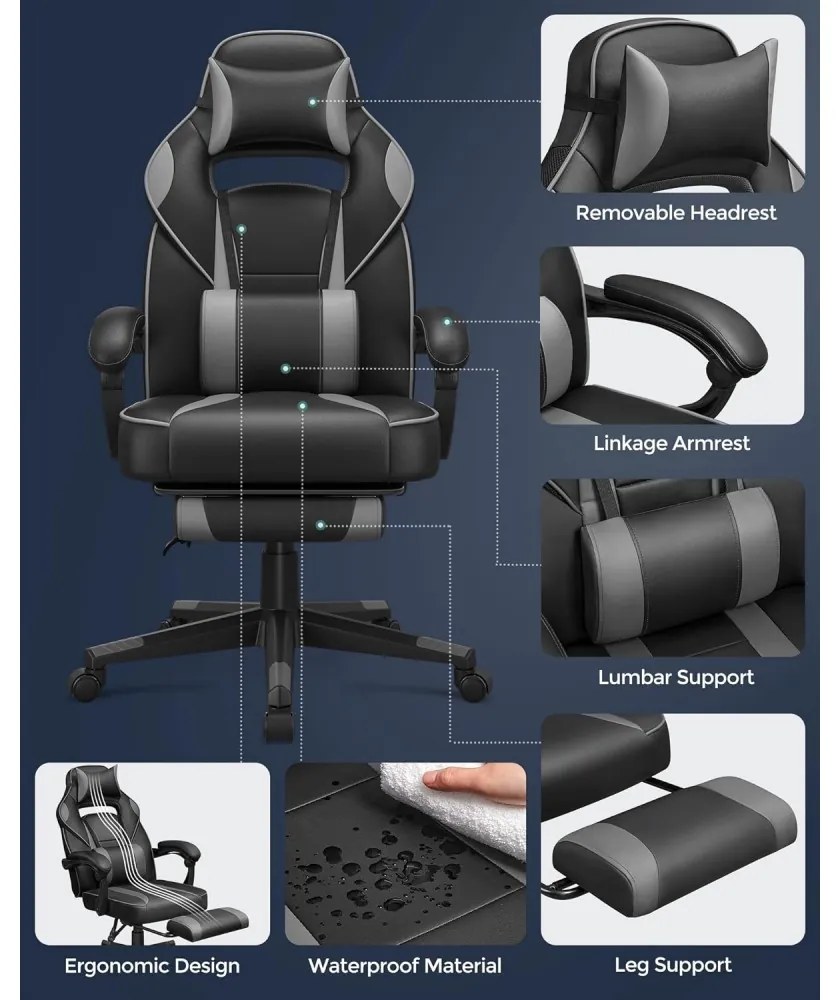 Irodai szék, gamer szék műbőr, fekete, szürke