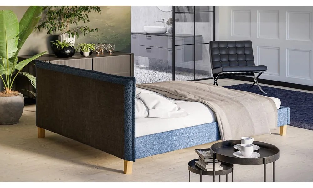 Kék kárpitozott franciaágy ágyráccsal 160x200 cm Tina – Ropez