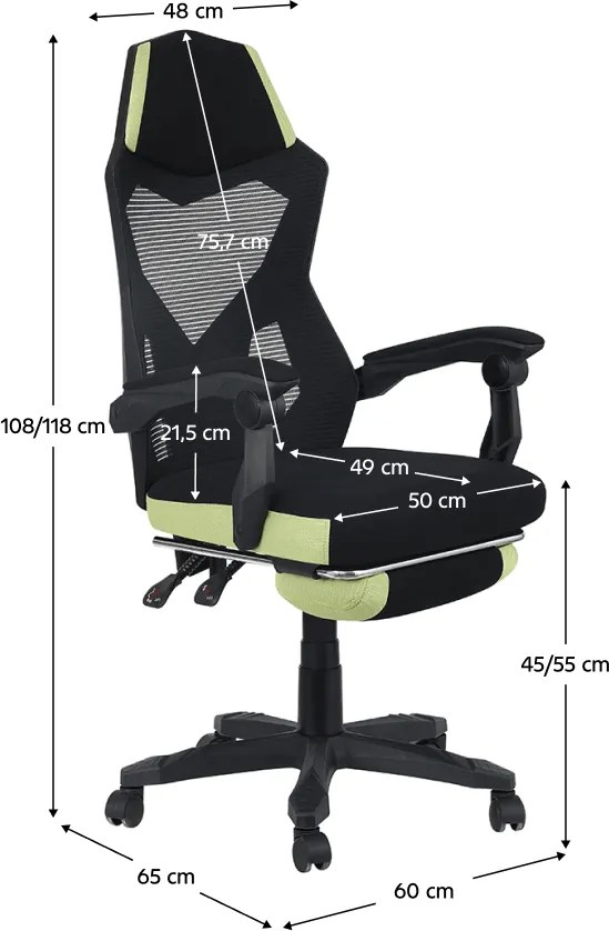 Irodai/gamer szék, fekete/zöld, teherbírás 150 kg, JORIK