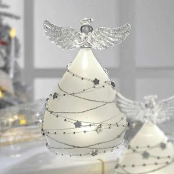 LED-es fehér üveg angyal ezüst csillagos díszítéssel 8x13 cm