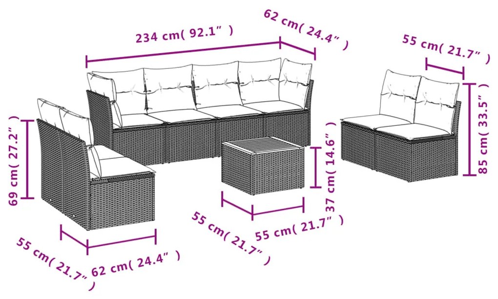 9 részes fekete polyrattan kerti ülőgarnitúra párnákkal