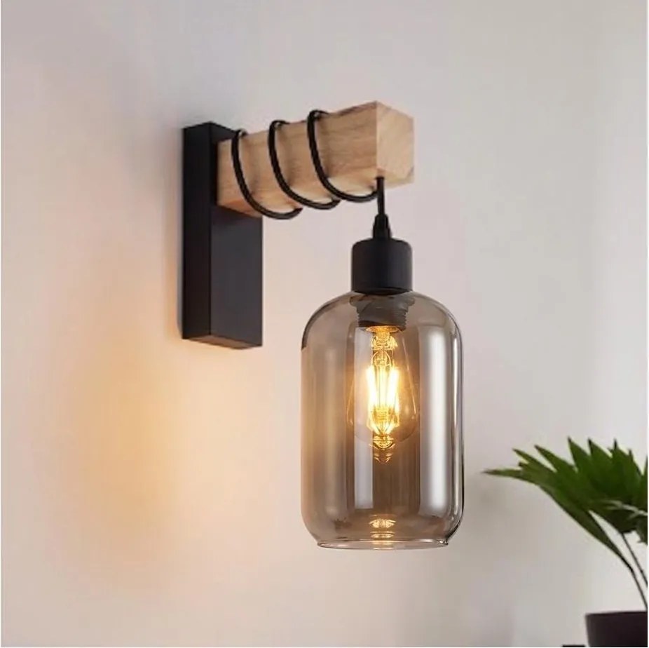 Brilagi - WOOD GLASS fali lámpa 1xE27/60W/230V fenyő/fekete/füstszürke
