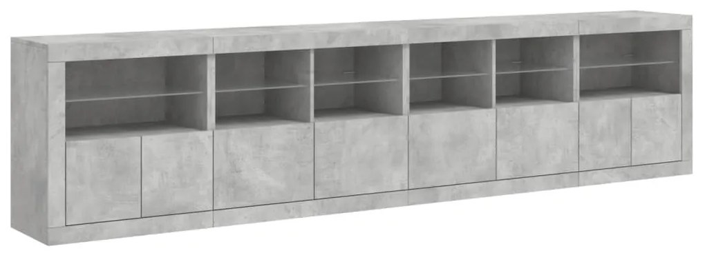 betonszürke tálalószekrény LED-világítással 283x37x67 cm