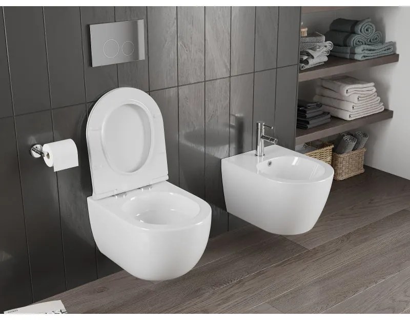 Mexen Carmen, falra akasztható wc csésze 490x365x340 mm, Perem nélküli Tornado + duroplast wc ülőke, fényes fehér, 30880500T