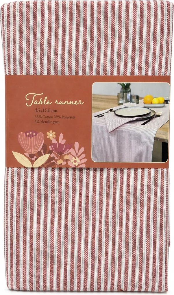 Asztalterítő 45x150 cm csíkos fehér-barna pamut