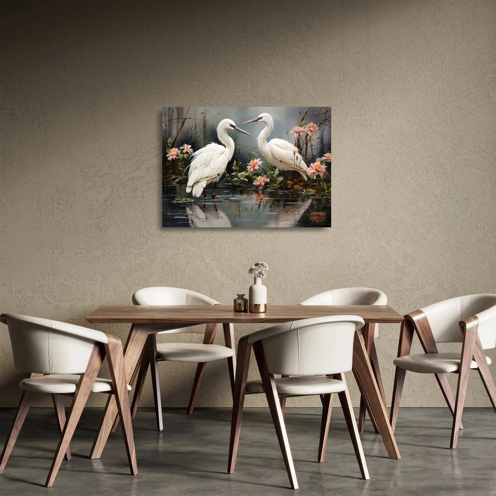 Üveg kép - Fehér darvak (70x50 cm)