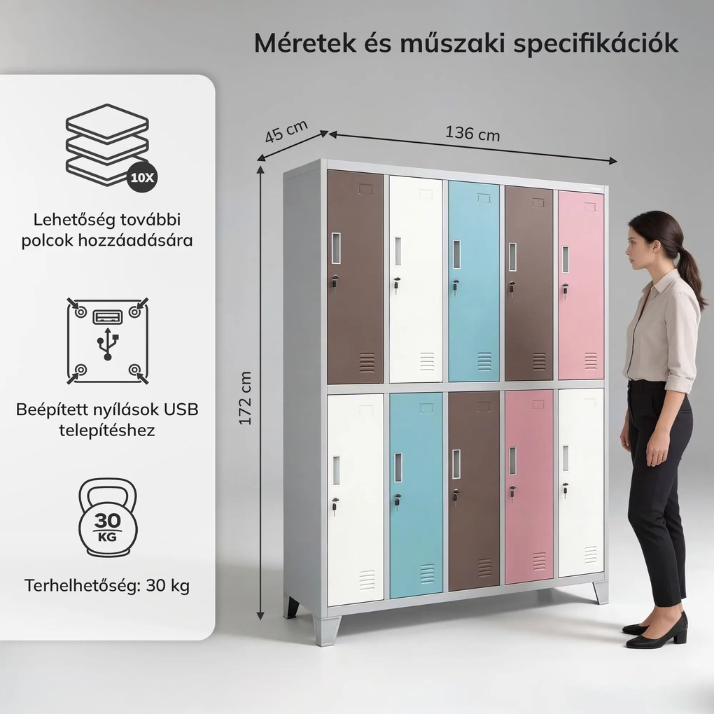 BOZP öltözőszekrény 10 ajtós szürke-pasztell: BARTEK 1360 x 1720 x 450 mm