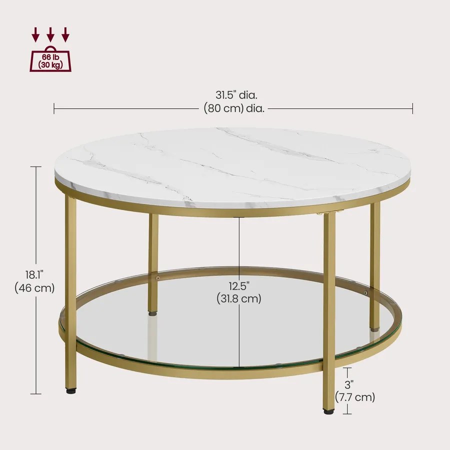 Kerek műmárvány nappali asztal tárolós polccal, modern stílusban, 80 cm átmérő
